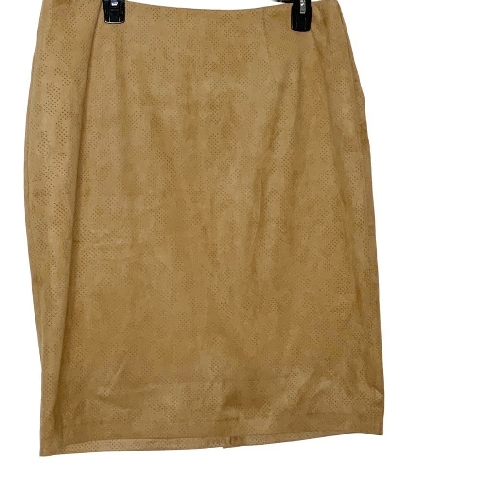 CHICO’S caramel color perforated faux suede fashion skirt. Pencil cut. Size L